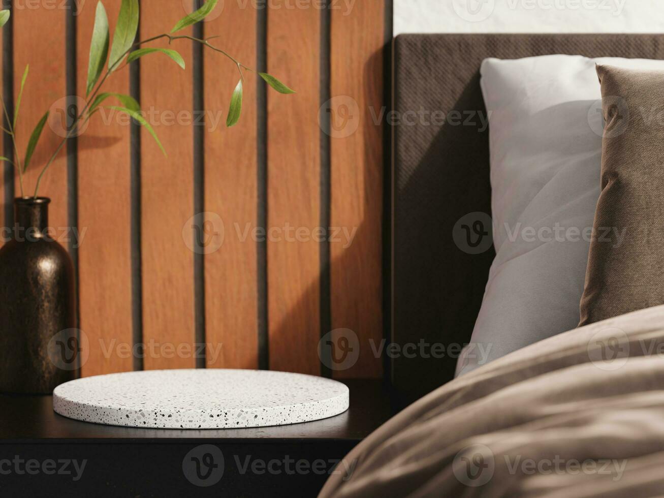 3d terrazzo display podium with vase plant on black table in bedroom. 3d rendering of realistic presentation for product advertising. 3d illustration. photo