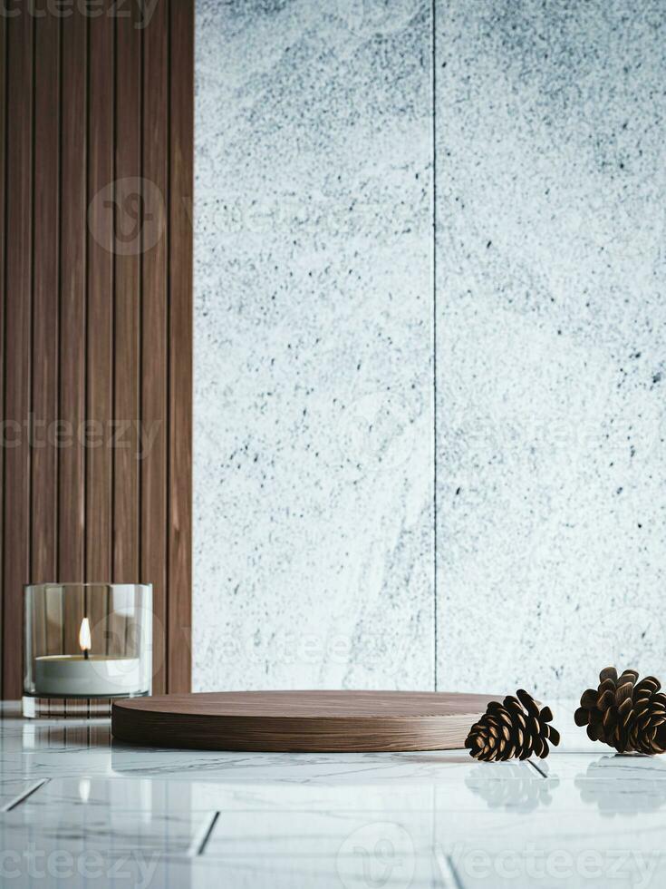 3d wooden display podium on marble tile floor with candle and pinecone against white concrete wall. 3d rendering of realistic presentation for product advertising. 3d illustration. photo