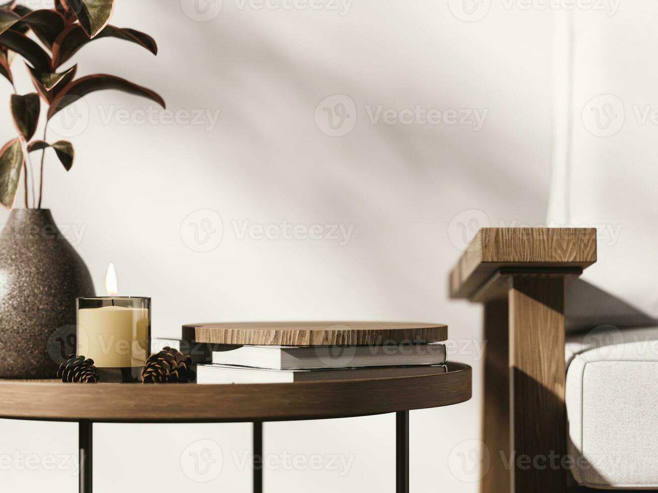 3d wooden display podium and home decoration on coffee table with white armchair against white wall. 3d interior illustration. photo