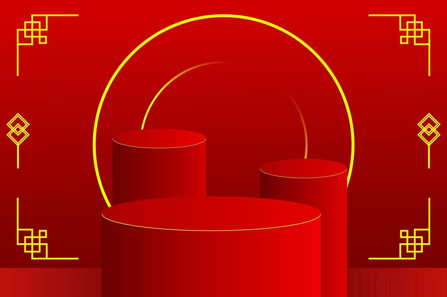 Exclusive abstract 3D minimal mockup scene. Three red podium shape with golden ring for show product display to celebrate Chinese new year. 3D vector with a Chinese pattern.
