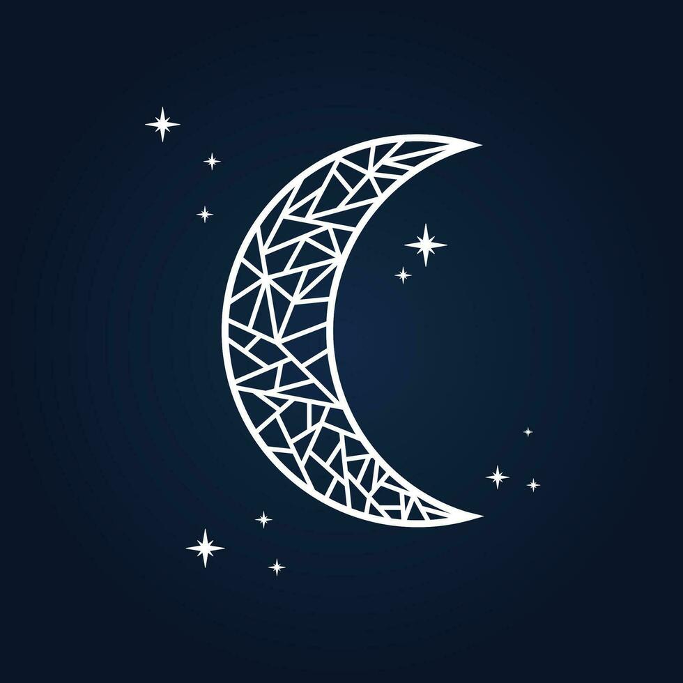 Mosaic arts of crescent moon with stars in the night sky. Elegant aesthetic design vector with sparkling stars. Icon, logo, or ornament.