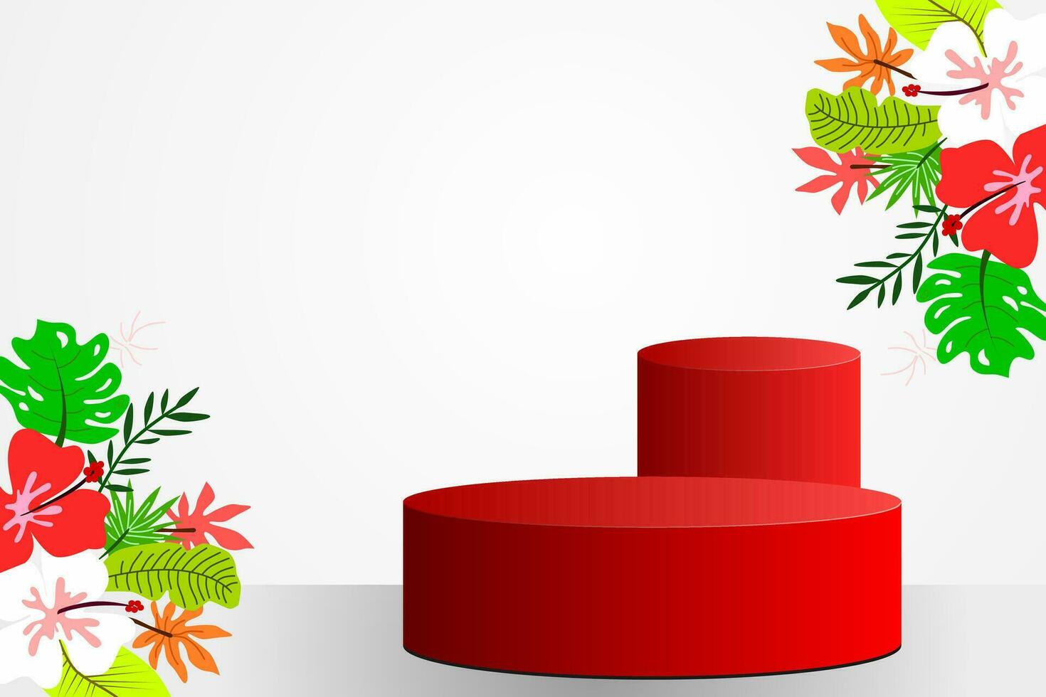 Exclusive 3D minimal mockup scene. Two red podiums shape with a tropical leaves and flowers on the soft grey background for show product display. 3D vector illustration.