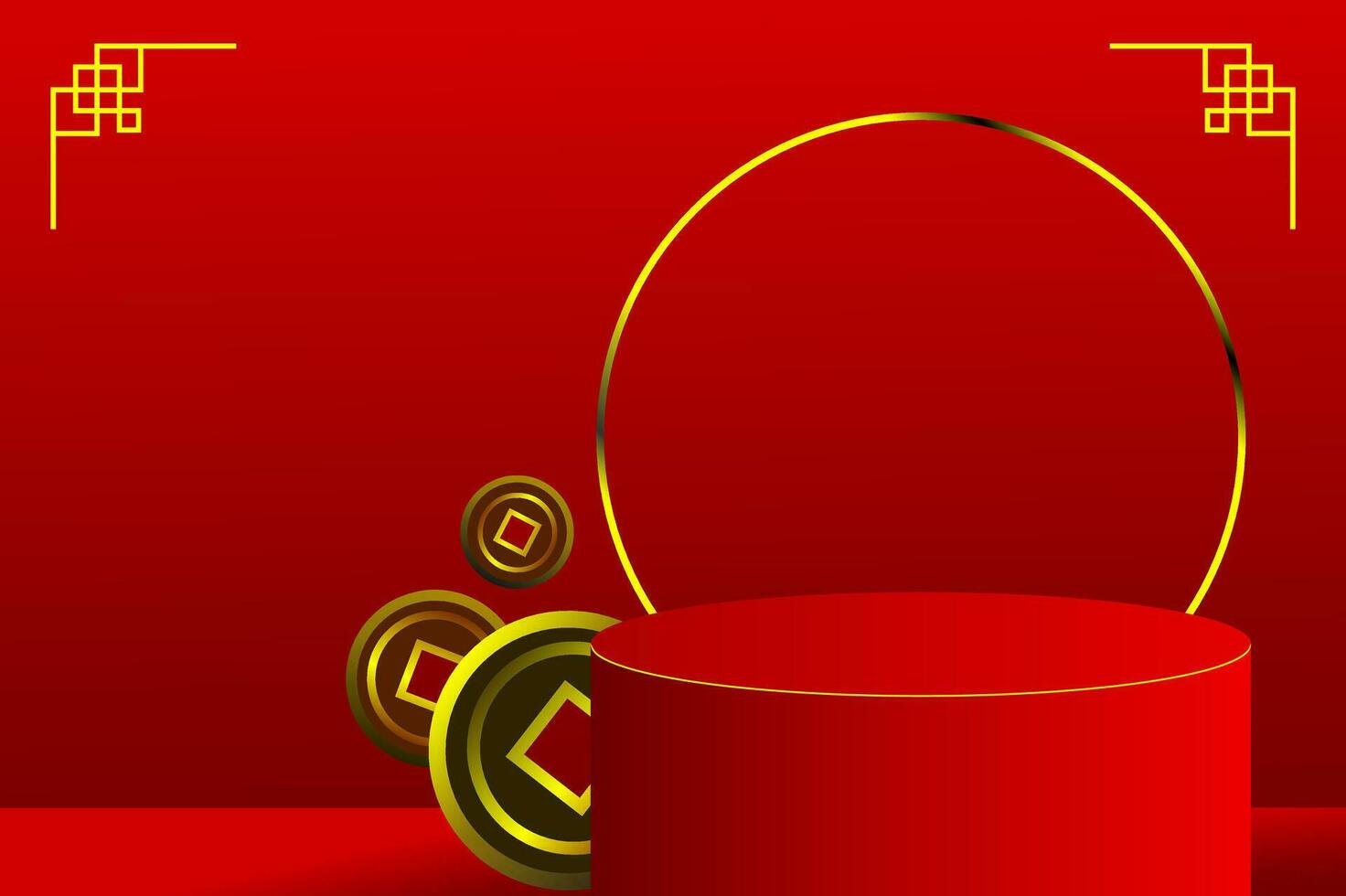 Abstract 3D minimal mockup scene. Geometry red podium shape with coin and golden ring for show product display to celebrate Chinese new year. 3D vector with a Chinese pattern.