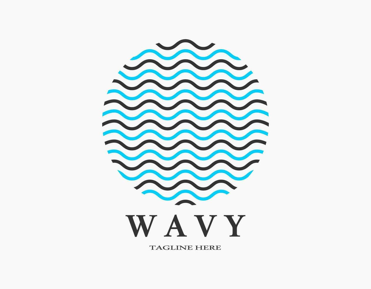 Wavy logo template. Circular colorful line art design with blue and black. Simple vector round icon of water, ocean, marble, or ball.