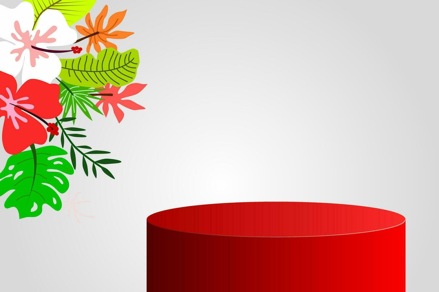 Exclusive 3D minimal mockup scene. A single red podiums shape with a tropical leaves and flowers on the soft grey background for show product display. 3D vector illustration