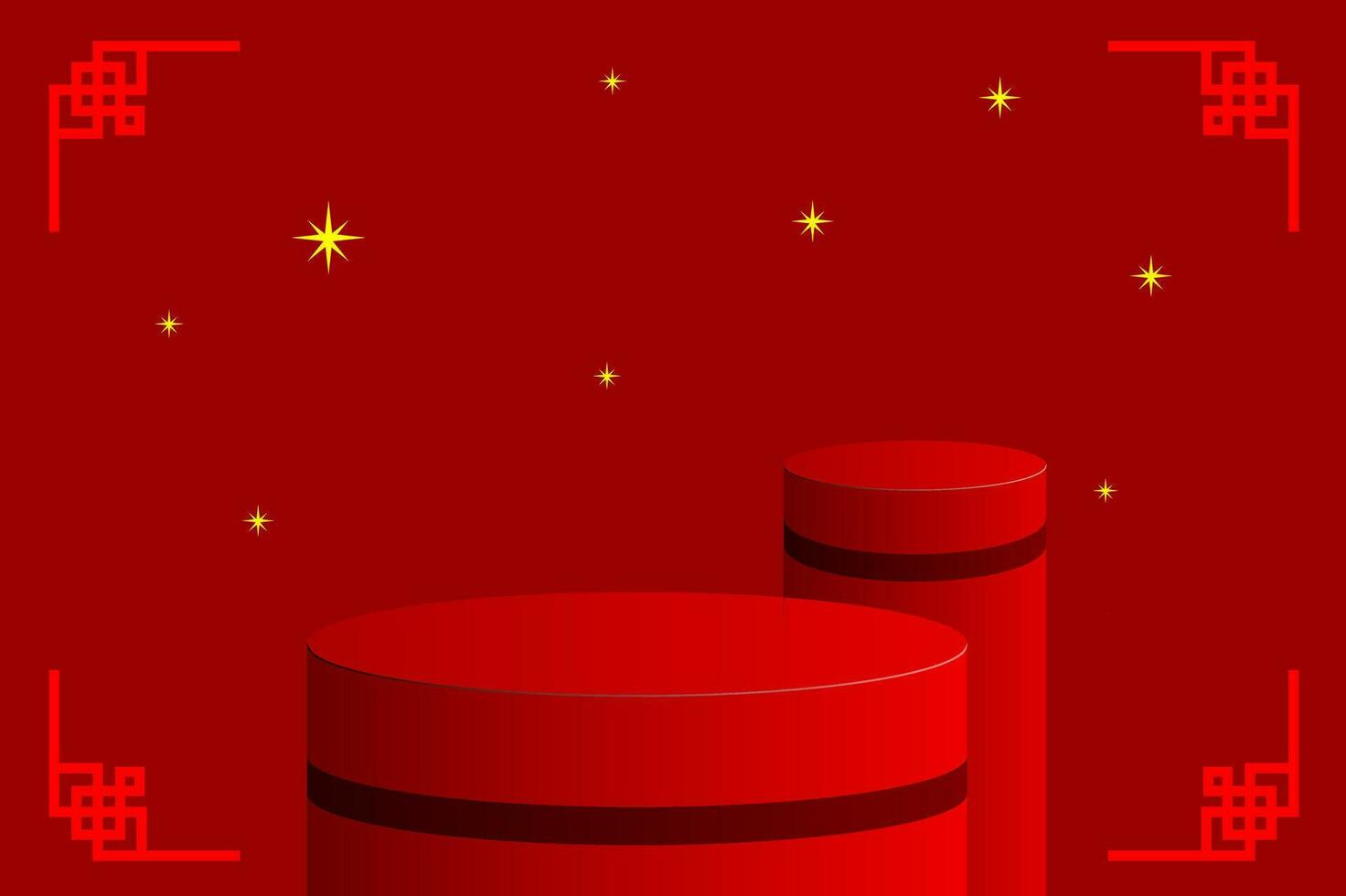 Exclusive 3D minimal mockup scene. Two red podiums shape with a stars on dark red background for show product display to celebrate Chinese new year. 3D vector illustration with a Chinese pattern.