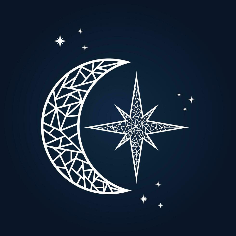 mosaico letras de creciente Luna y estrella en el noche cielo. elegante estético diseño vector con espumoso estrellas. icono, logo, o ornamento.