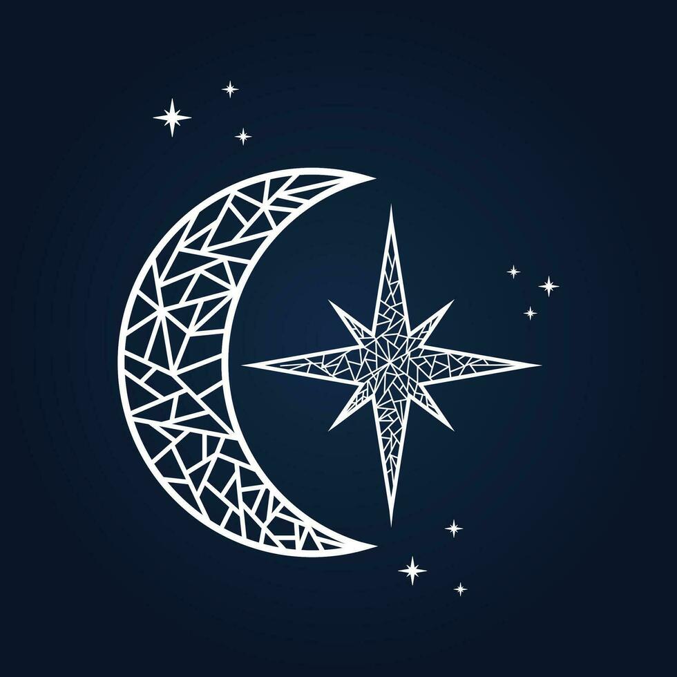 Mosaic arts of crescent moon and star in the night sky. Elegant aesthetic design vector with sparkling stars. Icon, logo, or ornament.