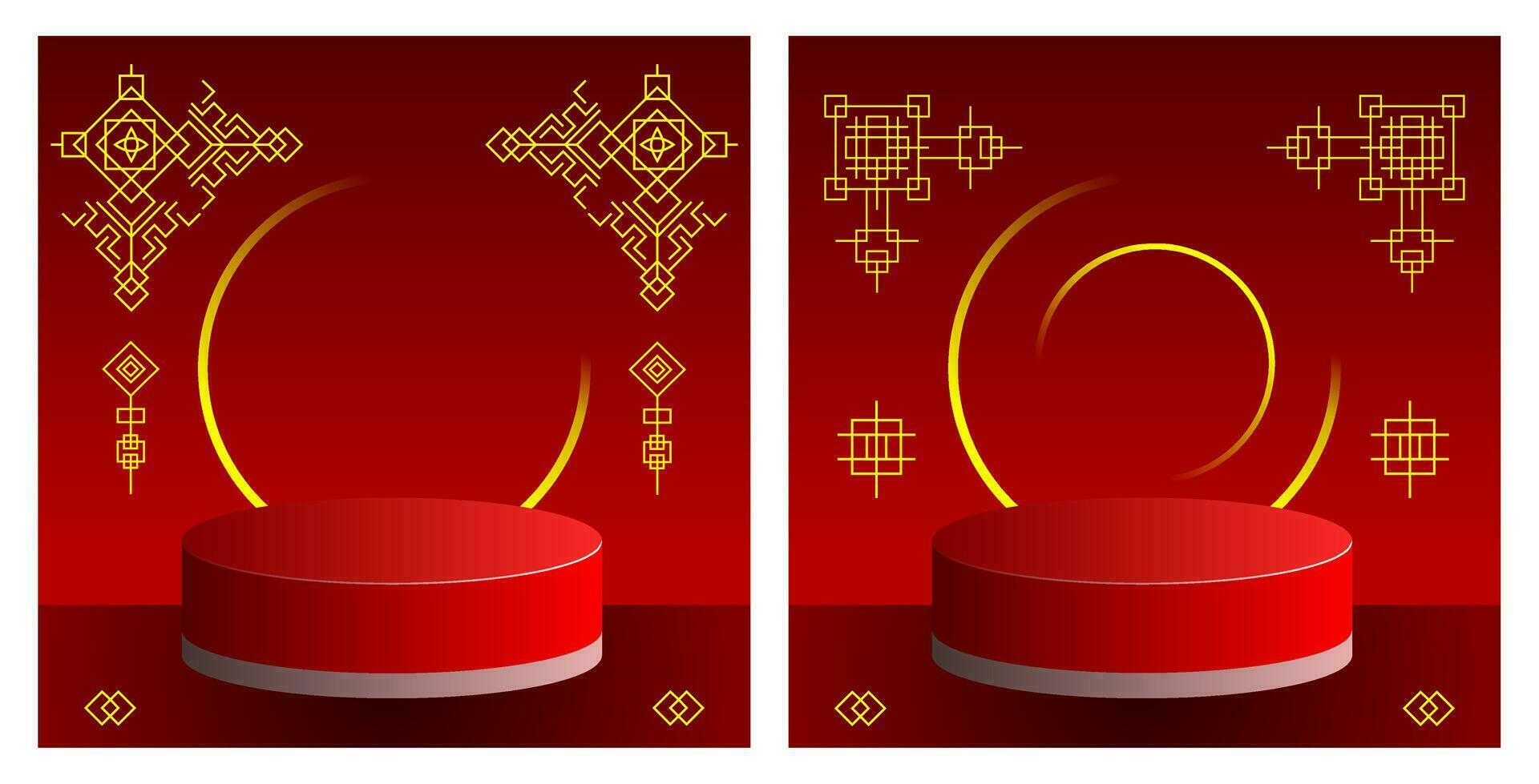 Abstract 3D minimal mockup scene. Geometry red podium shape for show product display to celebrate Chinese new year. 3D vector with a Chinese pattern. Social media template.
