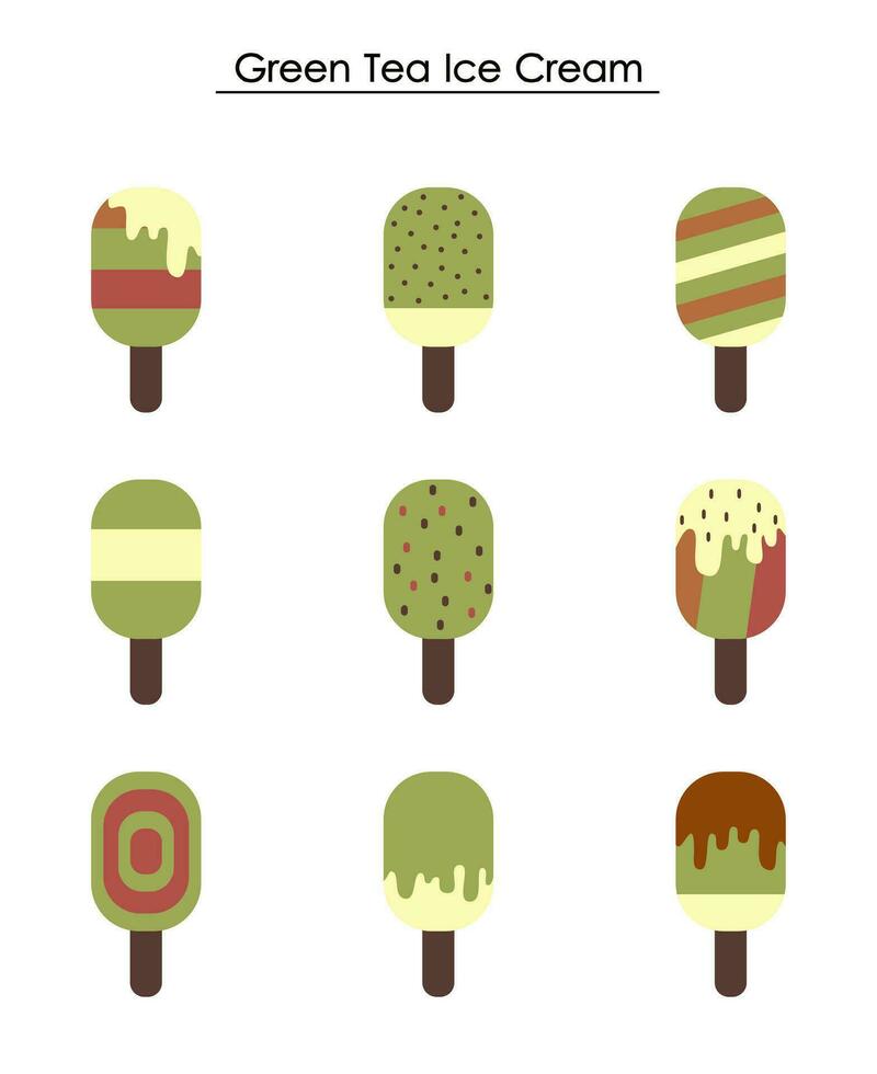 Set of green tea ice cream with variant toping. Flat design of ice cream with pastel color. vector ice cream illustrations isolated on white. Design for food, packaging, menu, or sticker.