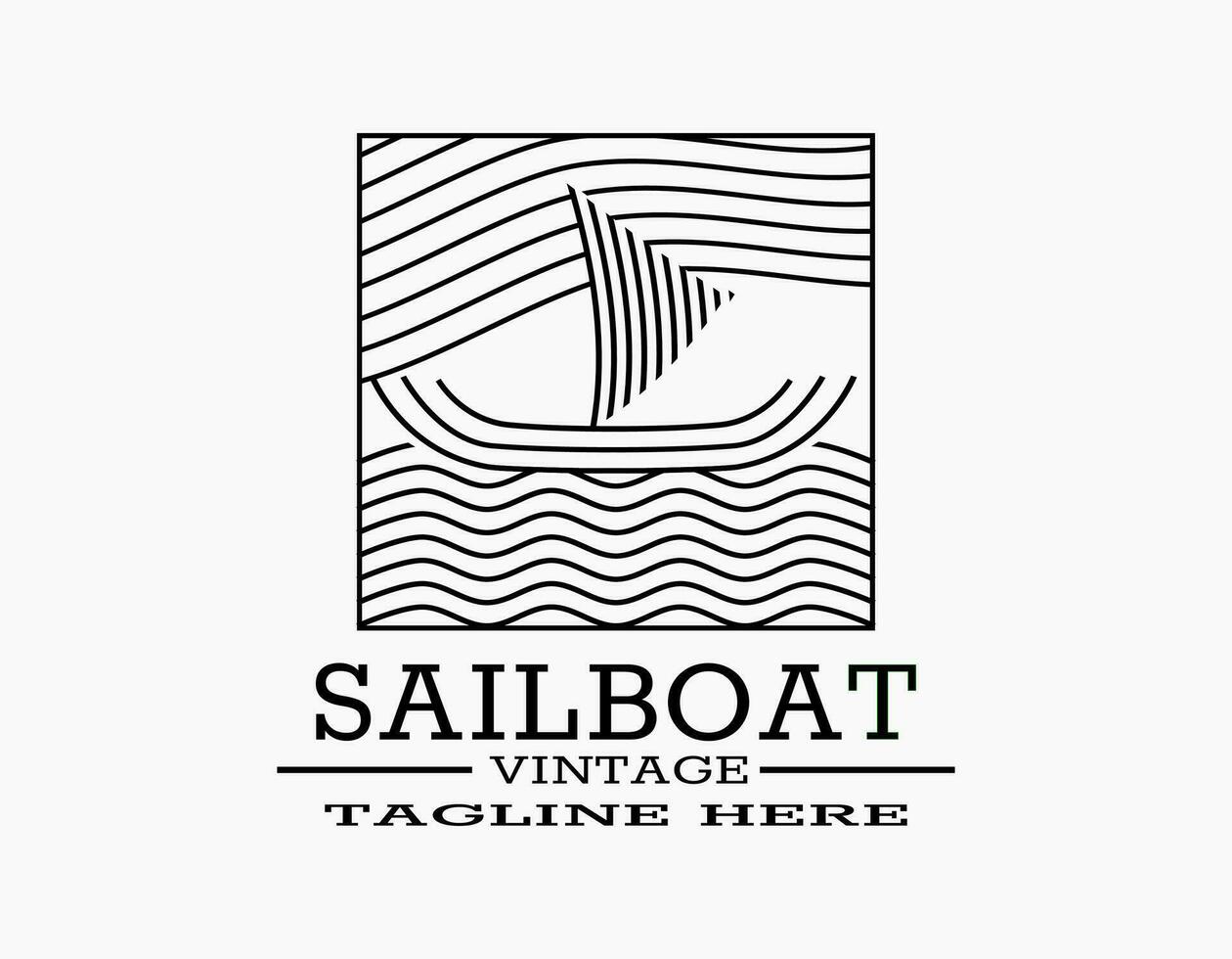 Sailboat vintage logo. The rustic retro design of boat. Sailboat marine with the wavy ocean. Line art illustration vector icon premium quality for coffee, beach, company, travel, museum, marine.