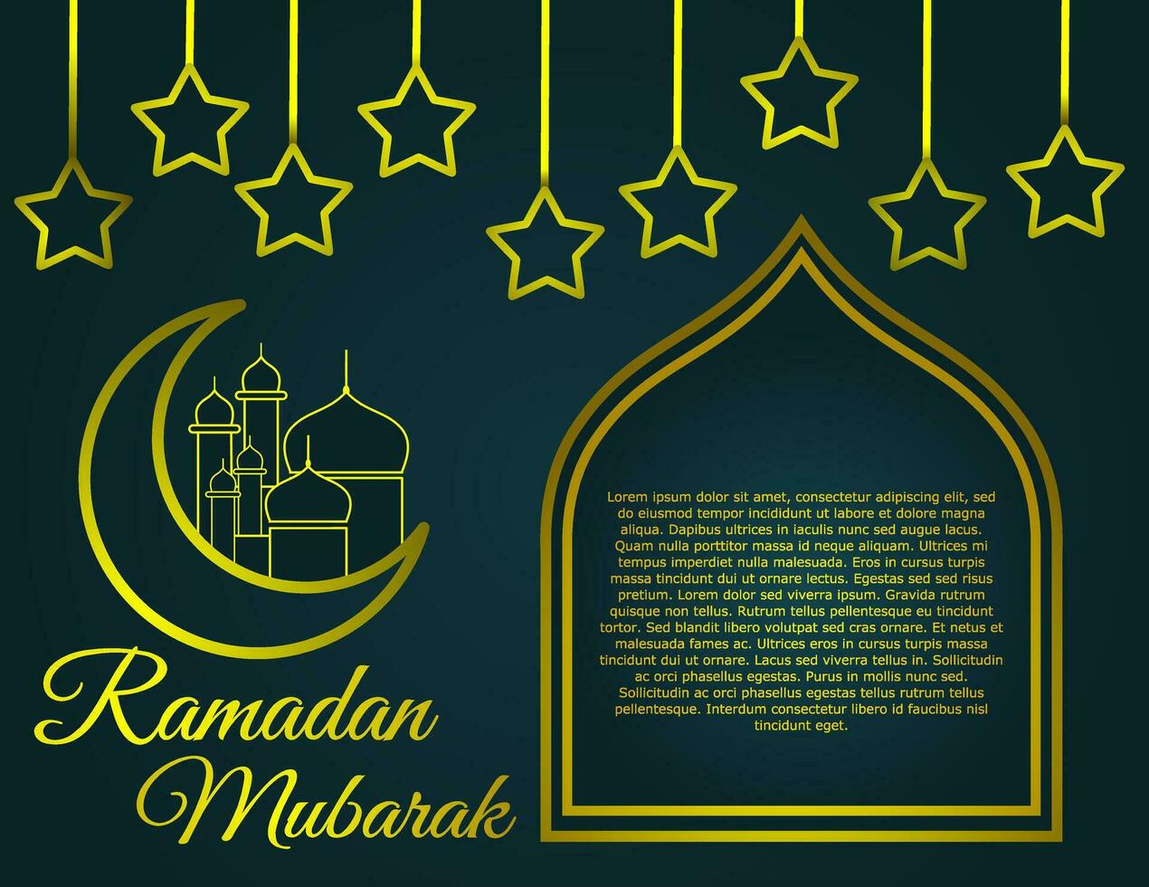 Ramadan greeting card with luxury design. Ramadan mubarak design with mosque, moon, and stars, with golden colour. Elegant shape of eid mubarak banner. vector
