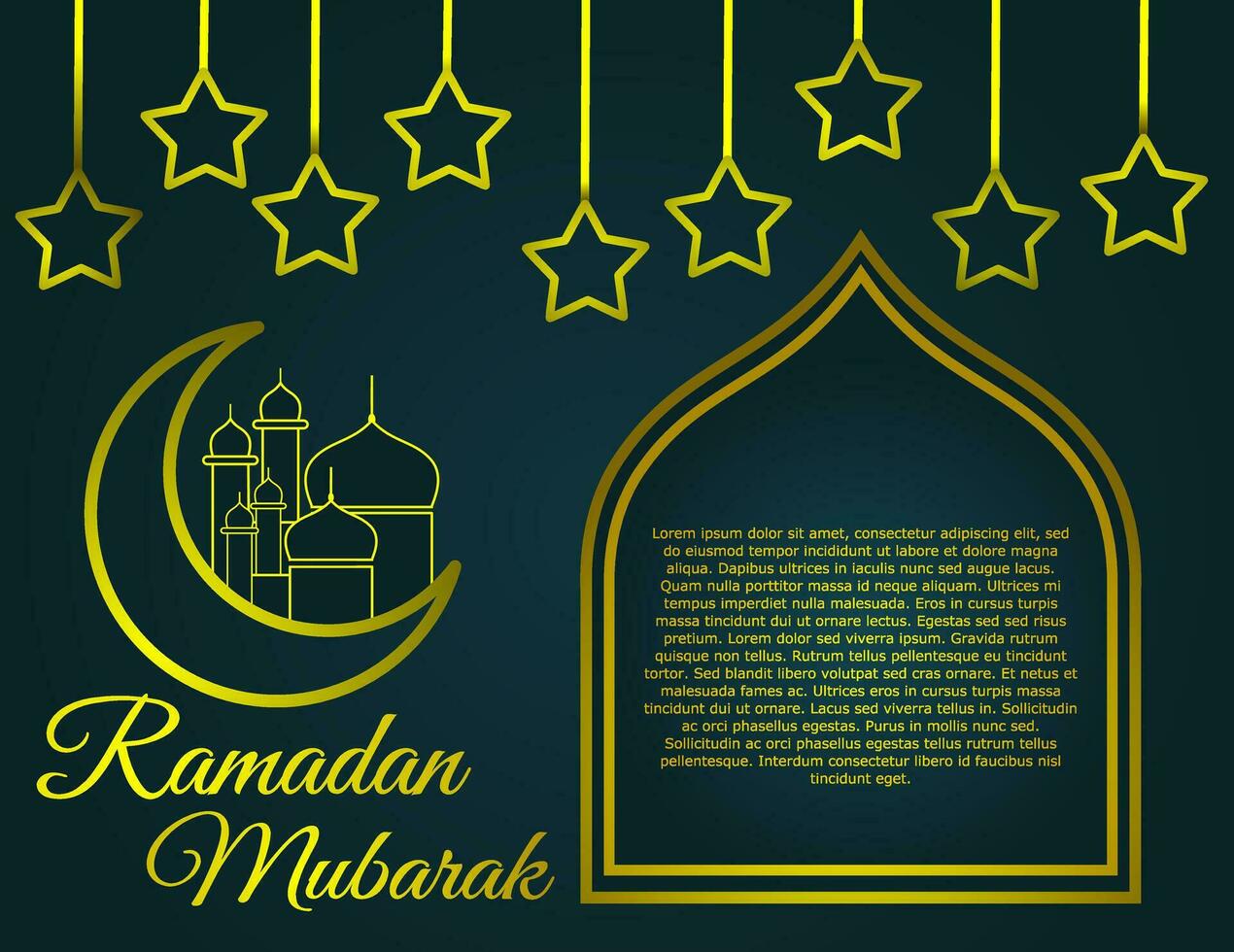 Ramadan greeting card with luxury design. Ramadan mubarak design with mosque, moon, and stars, with golden colour. Elegant shape of eid mubarak banner. vector