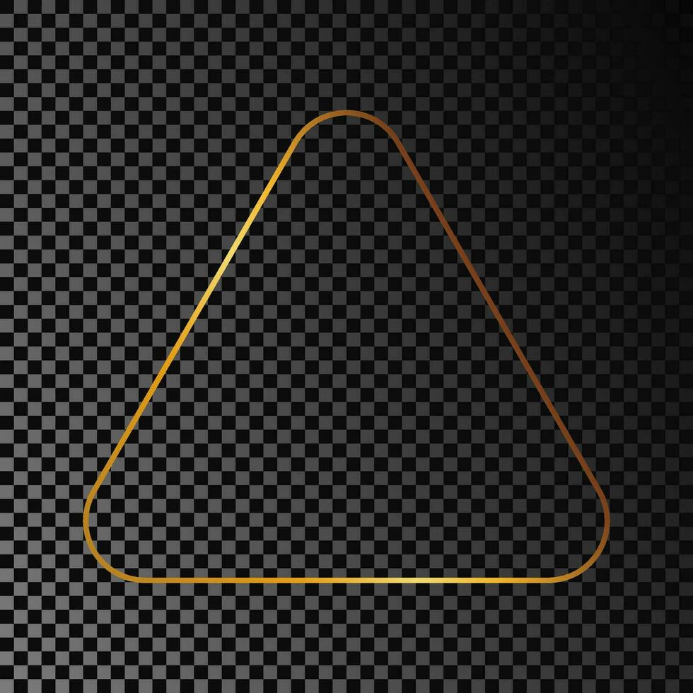 Gold glowing rounded triangle frame isolated on dark background. Shiny frame with glowing effects. Vector illustration.