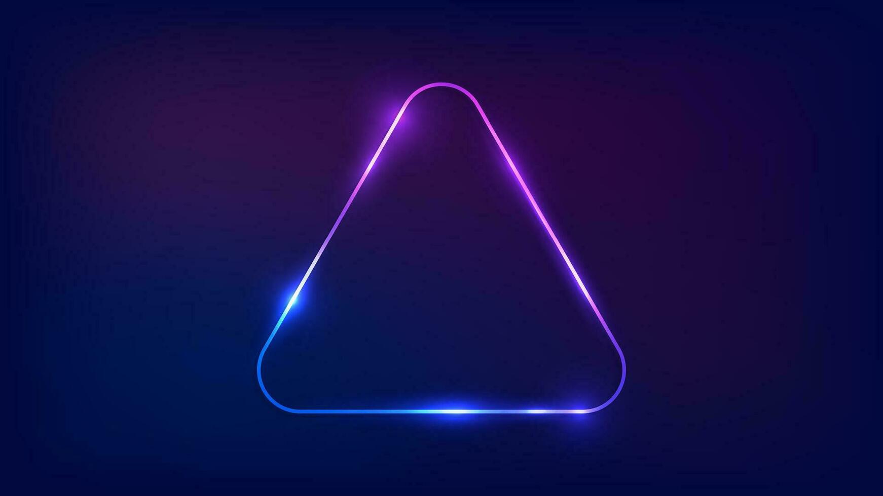 Neon rounded triangle frame with shining effects on dark background. Empty glowing techno backdrop. Vector illustration.