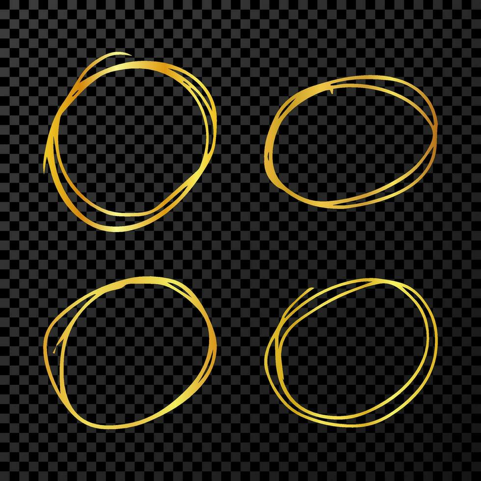 Hand drawn scribble circles.  Set of four gold doodle round circular design elements on dark background. Vector illustration