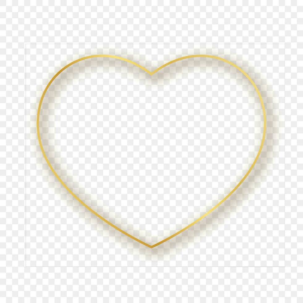 Gold glowing heart shape frame with shadow isolated on background. Shiny frame with glowing effects. Vector illustration.