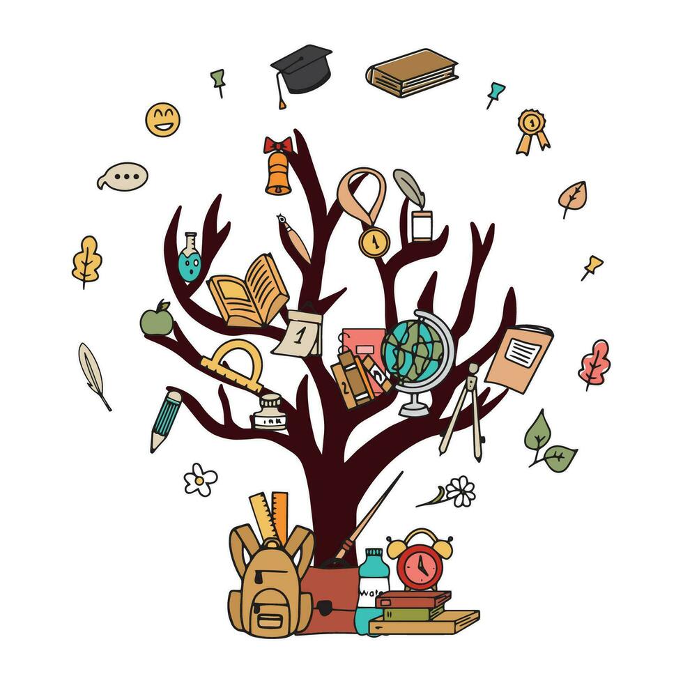 Tree of knowledge, school concept for your design. School supplies in doodle style. Vector illustration
