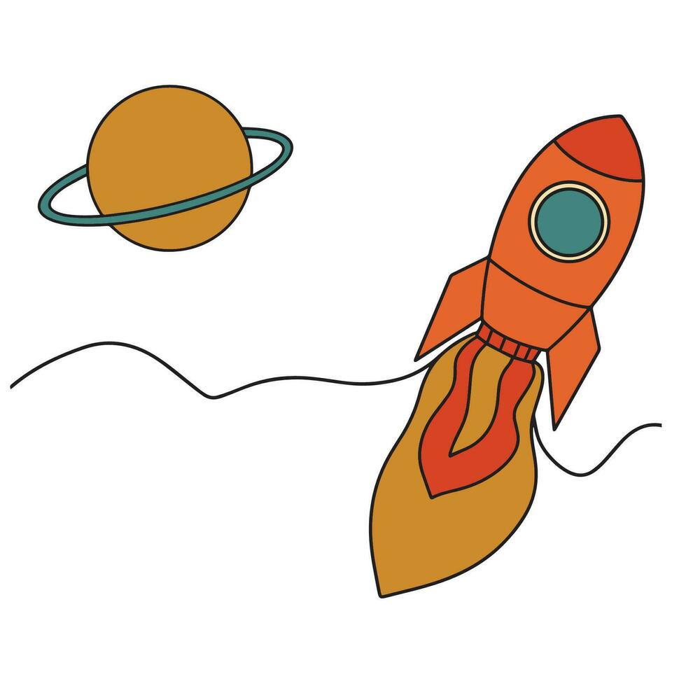Outline rocket ship with fire. Isolated on white. Flat line icon. Vector illustration with flying rocket. Space travel. Project start up sign. Creative idea symbol. Black and white. Vector il