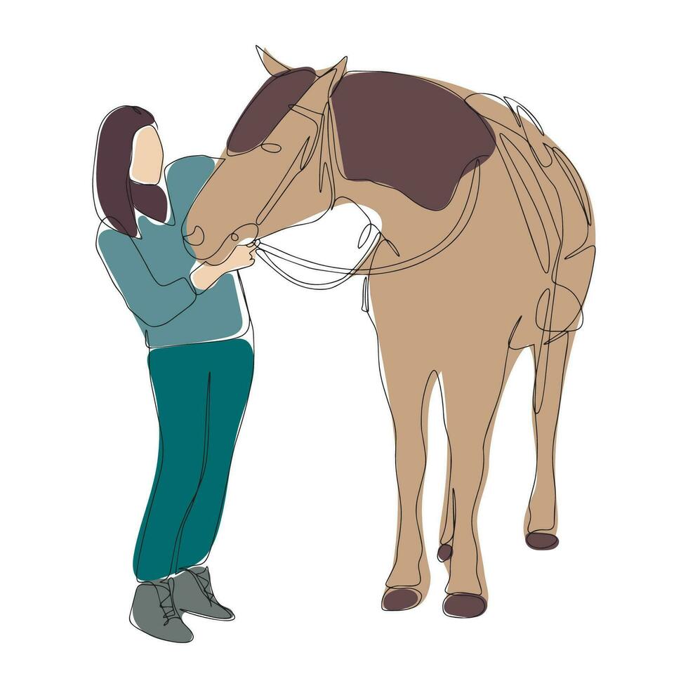 continuo uno línea dibujo de un niña en pie siguiente a un caballo. negro y blanco vector ilustración. concepto para logo, tarjeta, bandera, póster, volantes. vector