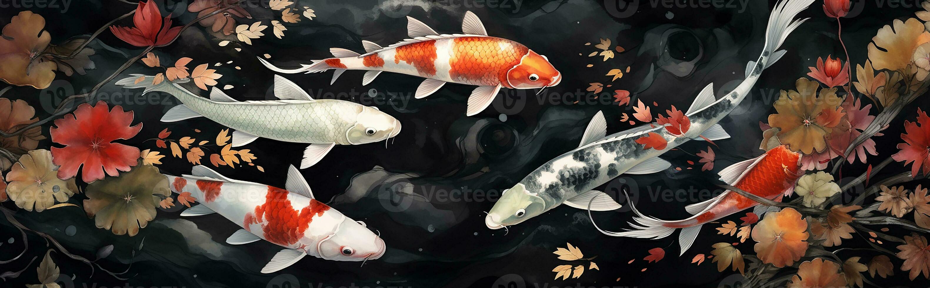 watercolor drawing of a dark pond with red koi fish. horizontal banner with Japanese colored carp swimming in a pond. AI generated photo