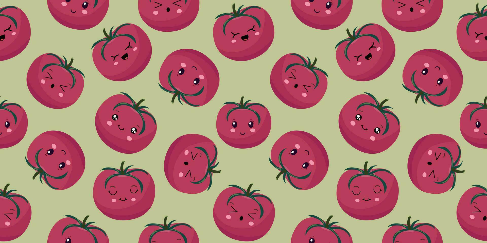 Seamless pattern with Cute tomato fruits in kawaii stele. Funny vegetable in cartoon style. For packaging and web design. Vector