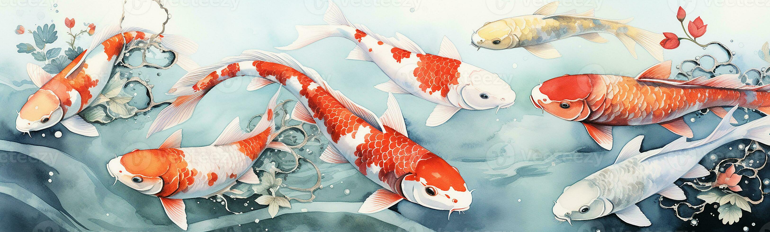 watercolor drawing of a blue pond with red koi fish. horizontal banner with Japanese colored carp swimming in a pond. AI generated photo