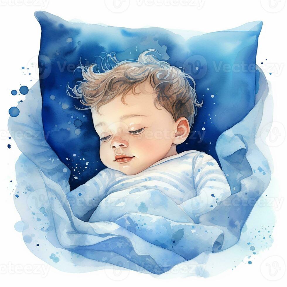 watercolor drawing of a cute baby sleeping. the boy in blue pajamas is