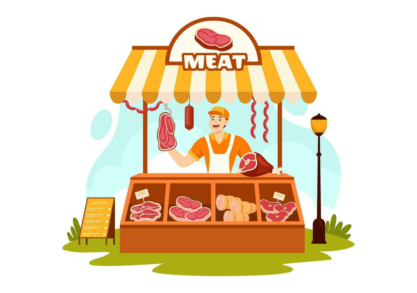 carne tienda o mercado vector ilustración con varios Fresco carnes productos y salchichas de carne de vaca Cerdo pollo en plano dibujos animados antecedentes diseño