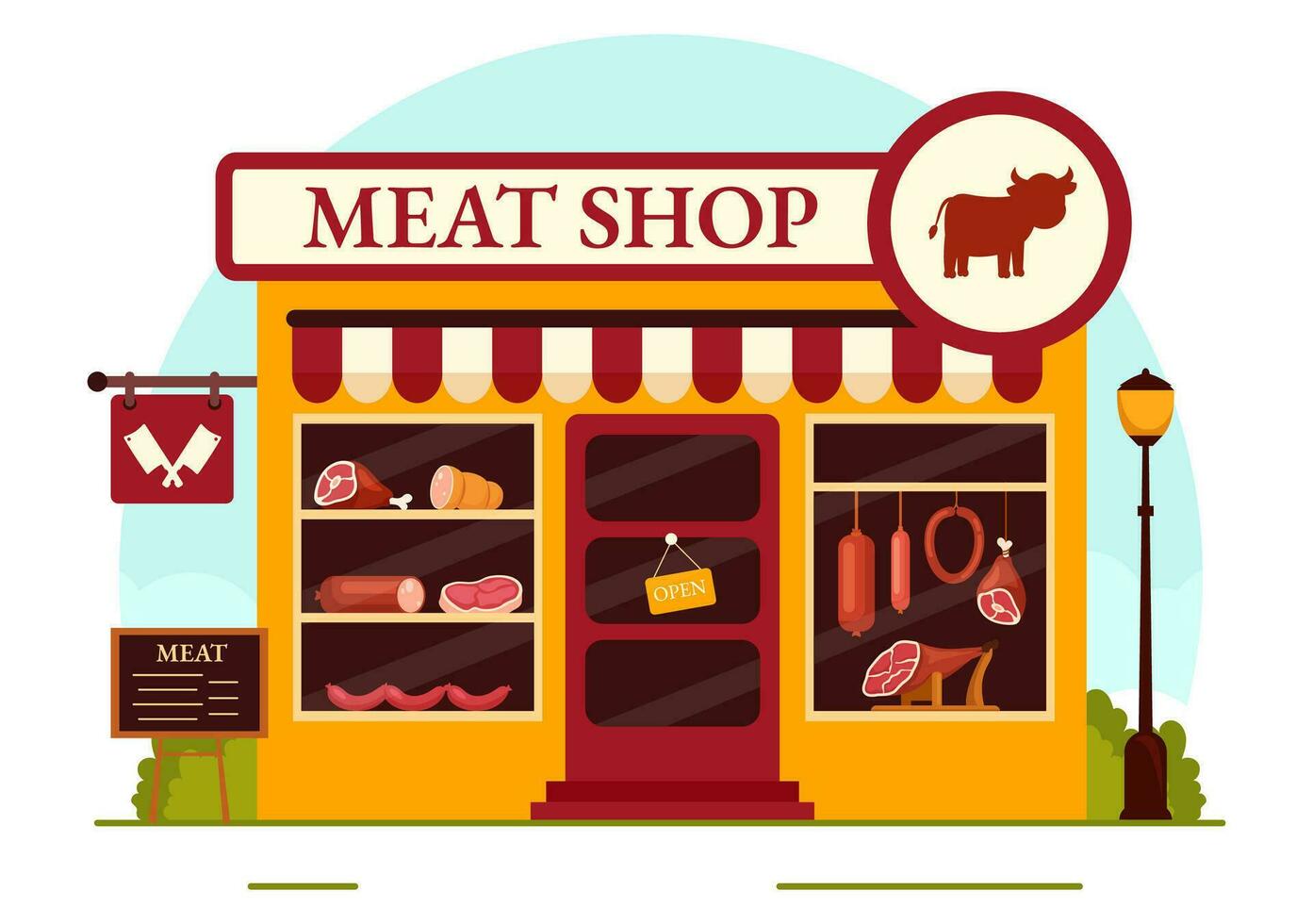 carne tienda o mercado vector ilustración con varios Fresco carnes productos y salchichas de carne de vaca Cerdo pollo en plano dibujos animados antecedentes diseño