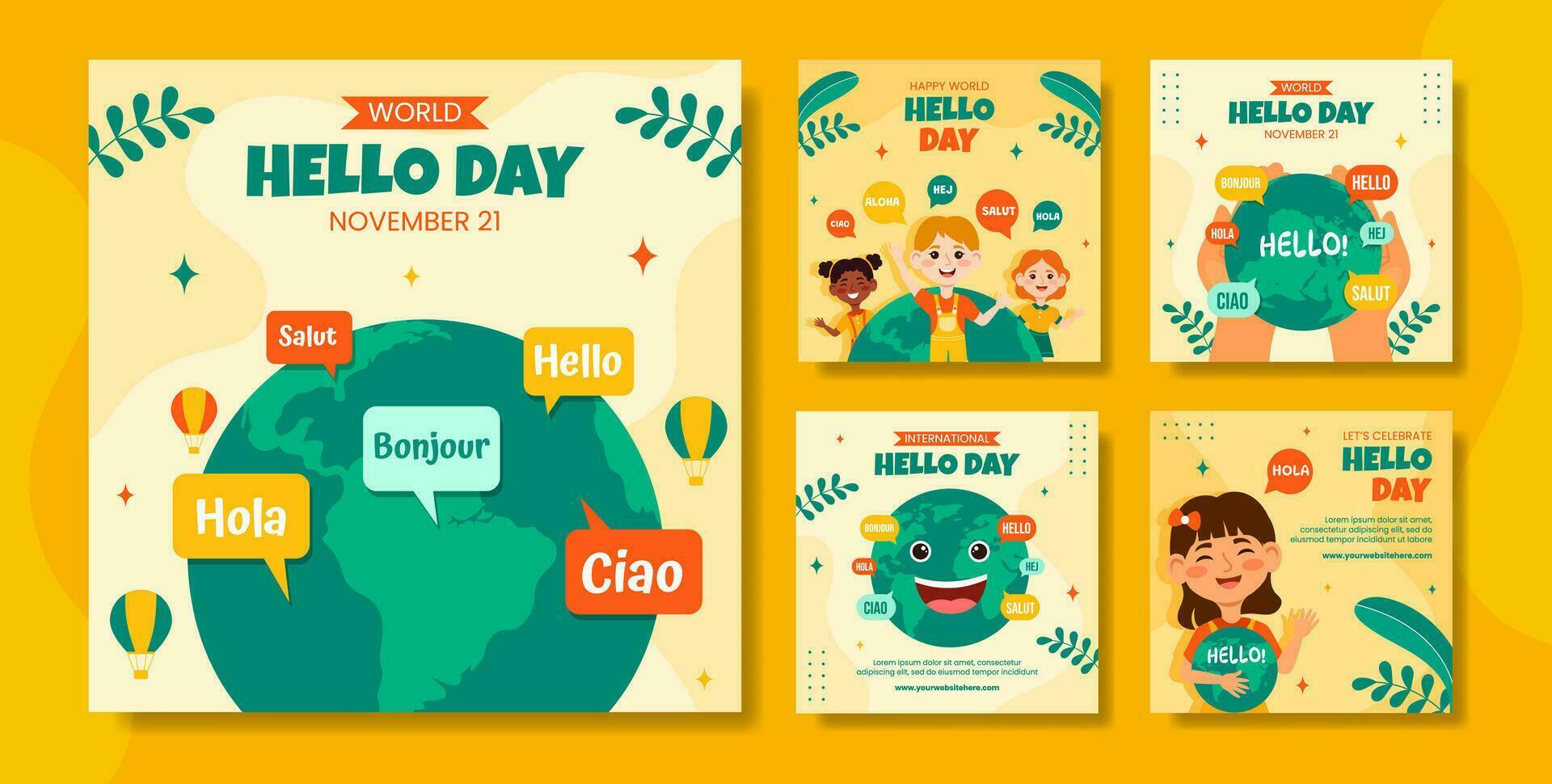 Hello Day Social Media Post Flat Cartoon Hand Drawn Templates Background Illustration vector