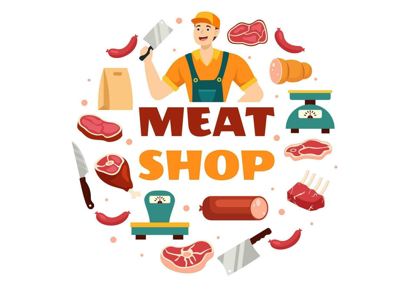 carne tienda o mercado vector ilustración con varios Fresco carnes productos y salchichas de carne de vaca Cerdo pollo en plano dibujos animados antecedentes diseño