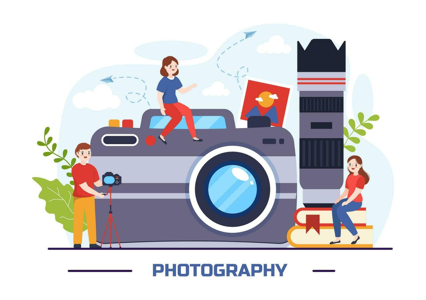 fotografía vector ilustración con cámara y equipo a capturar viajar, turismo, aventuras y recuerdos en un plano dibujos animados antecedentes diseño