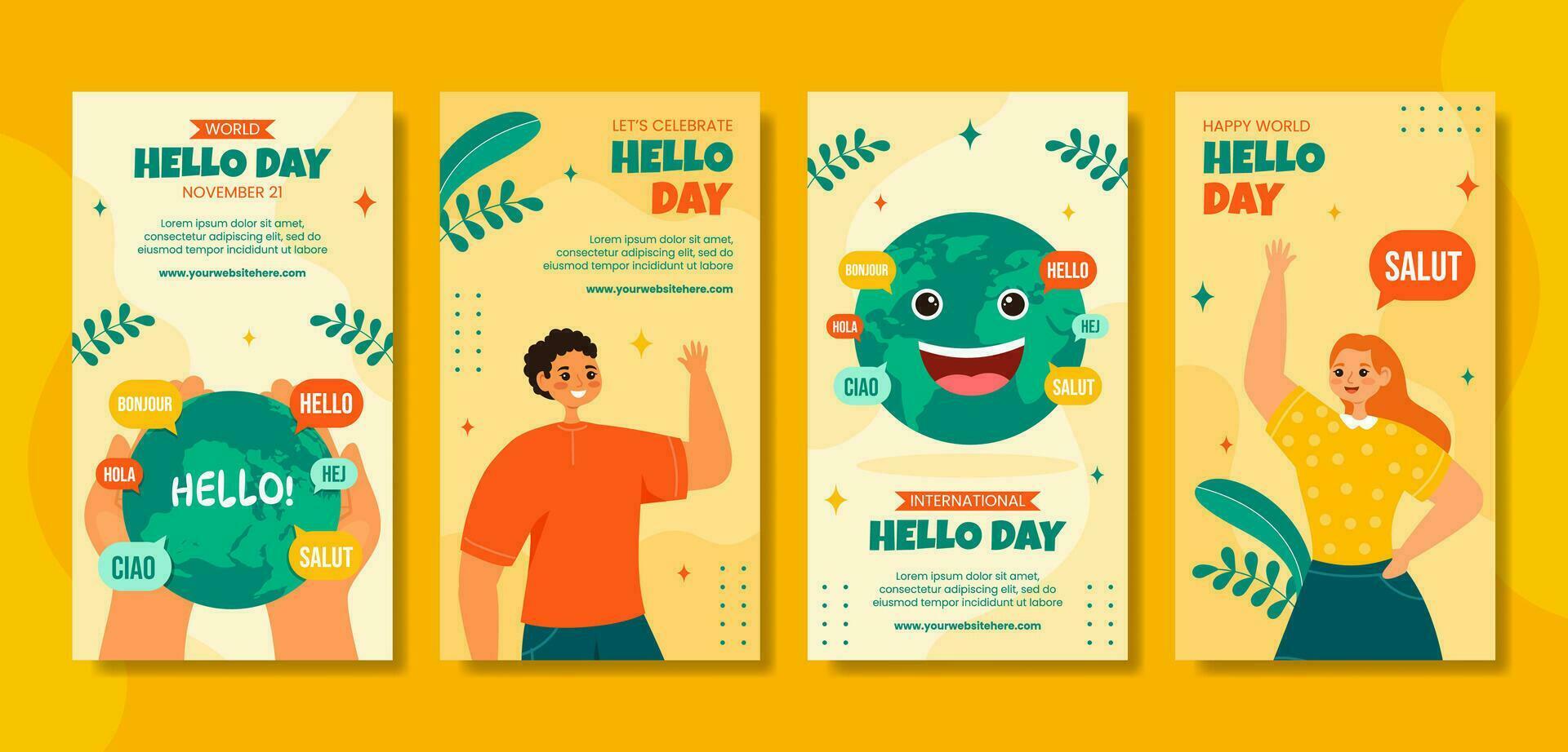 Hello Day Social Media Stories Flat Cartoon Hand Drawn Templates Background Illustration vector