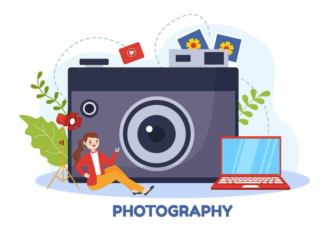 fotografía vector ilustración con cámara y equipo a capturar viajar, turismo, aventuras y recuerdos en un plano dibujos animados antecedentes diseño