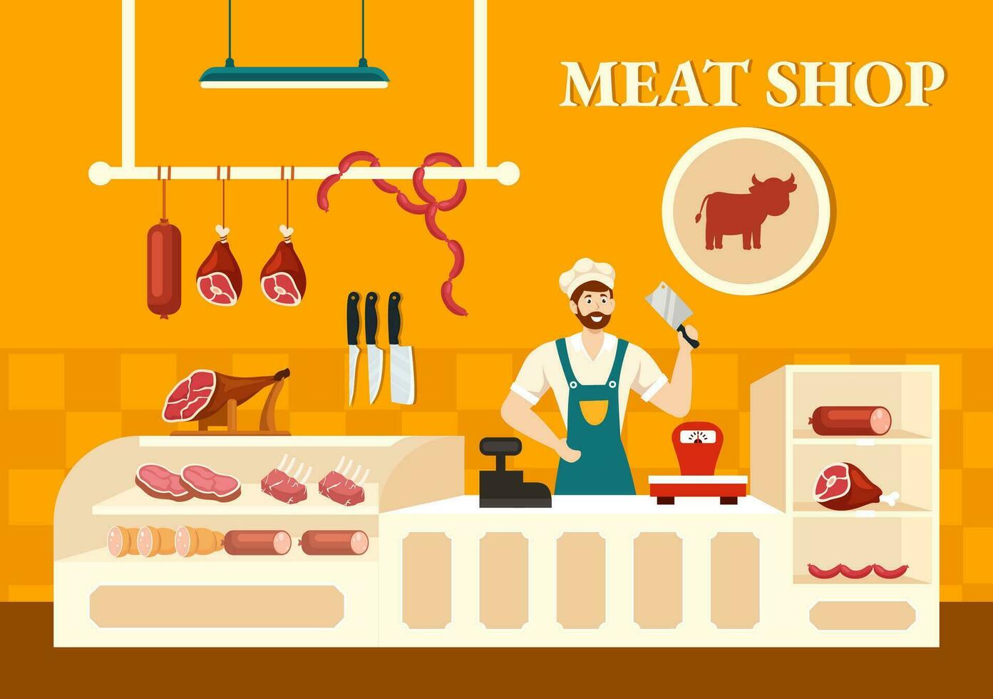 carne tienda o mercado vector ilustración con varios Fresco carnes productos y salchichas de carne de vaca Cerdo pollo en plano dibujos animados antecedentes diseño