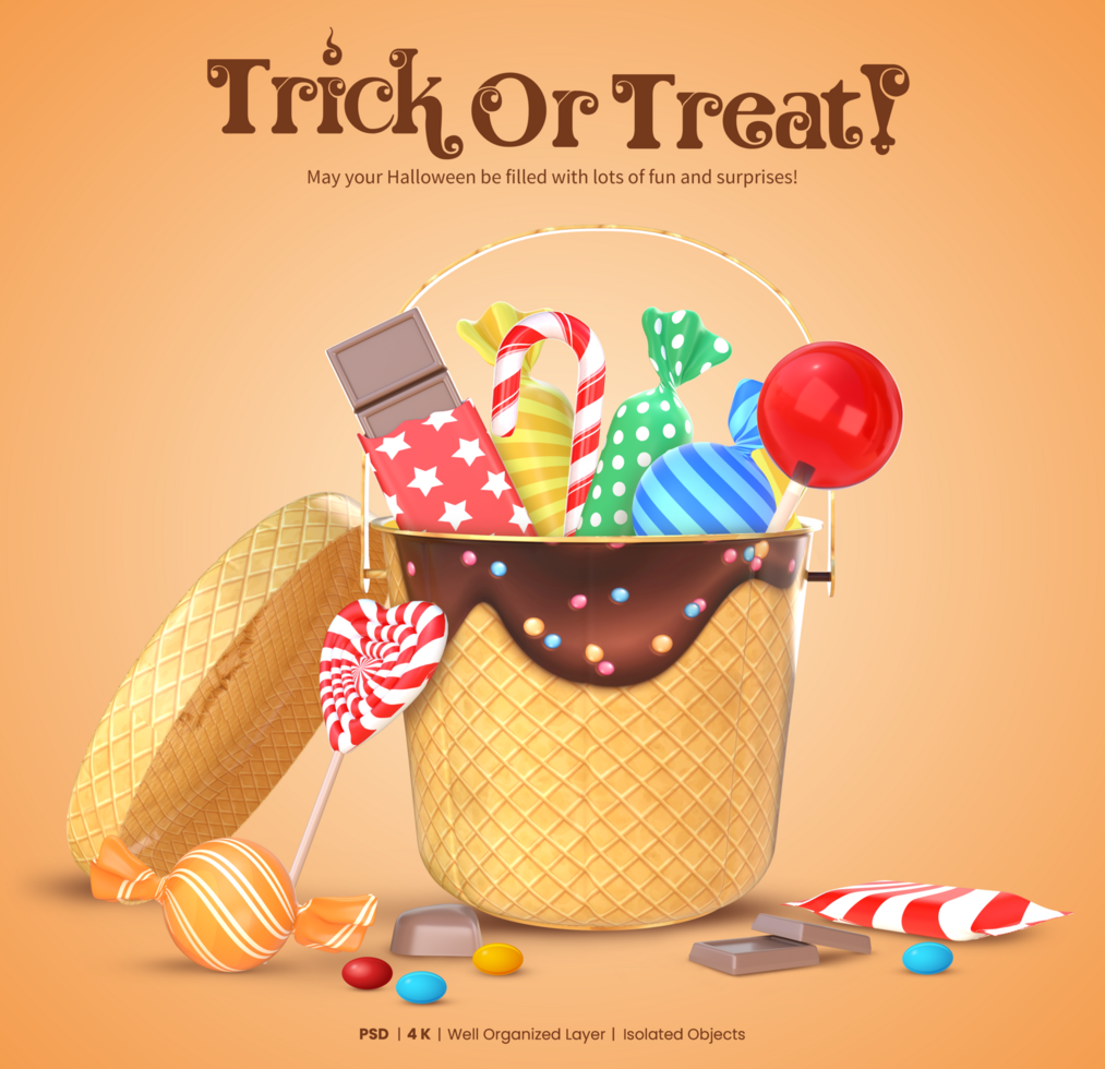 Trick Or Treat Halloween Card Template With 3D Rendering Halloween Candy Bag With Candies psd