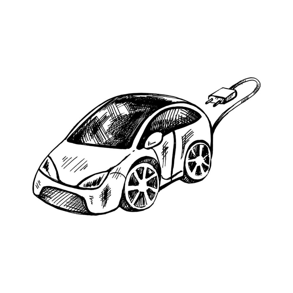 Hand-drawn black-and-white sketch of electro car. Vector doodle illustration. Isolated sketch. Icon in hand drawing design style.