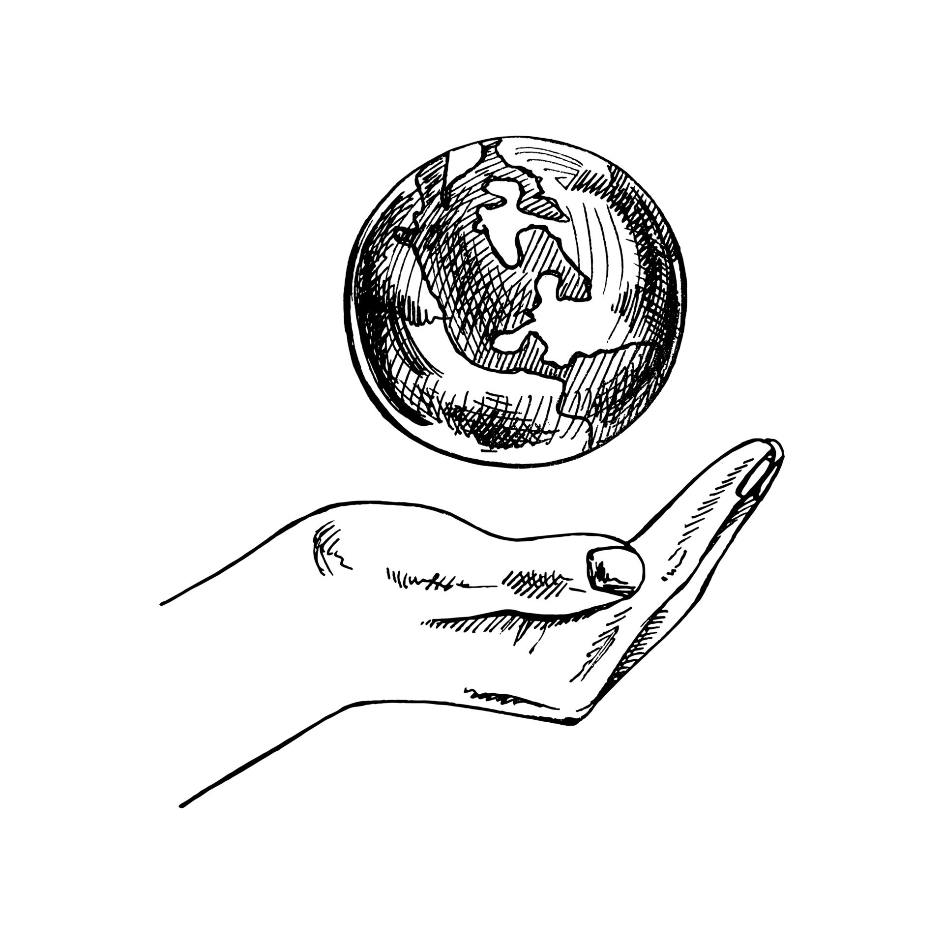 Handdrawn sketch of Earth in hand. Hold world in hands. Carry earth