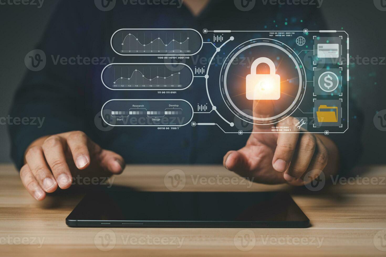 Businessman touch a virtual screen to unlock and access information and document, Protection network security computer and safe data, cybersecurity concept, user privacy security and encryption photo