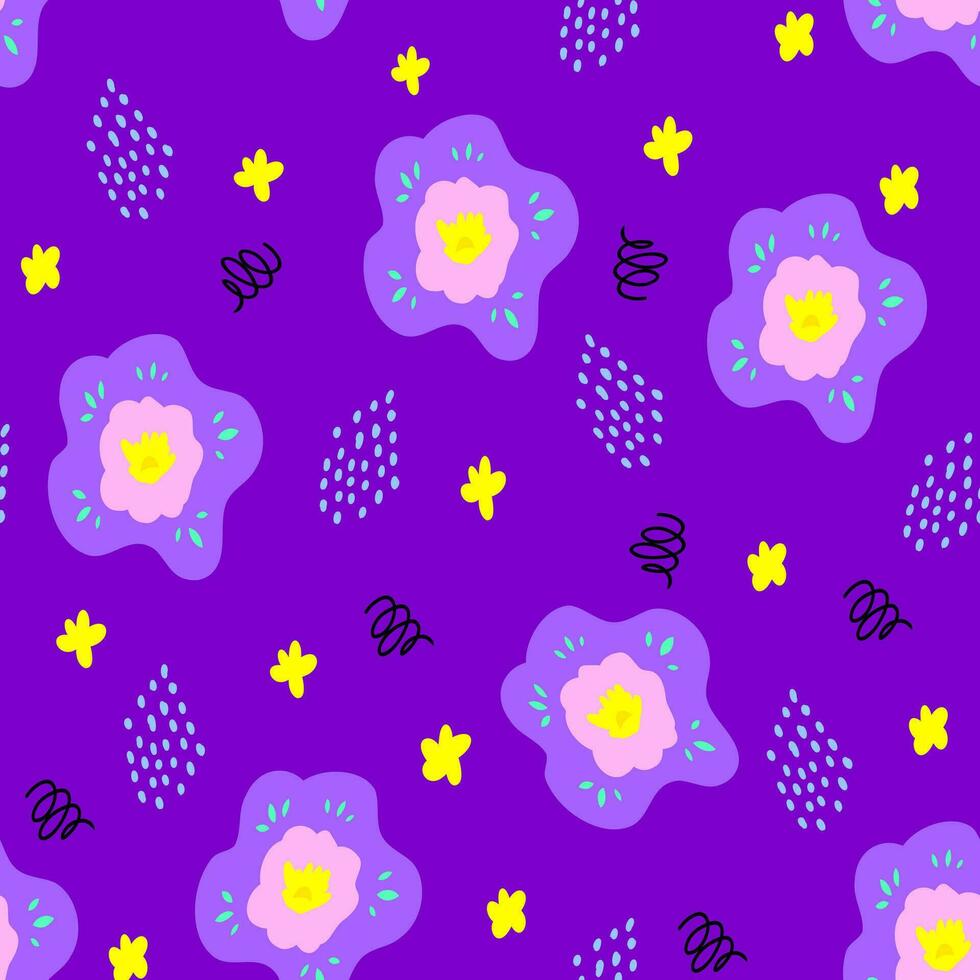 flor y resumen elementos sin costura modelo en Violeta antecedentes. botánico ilustración para cubrir diseño, hogar decoración, ropa de dormir, primavera textura para textil y tela diseño. vector