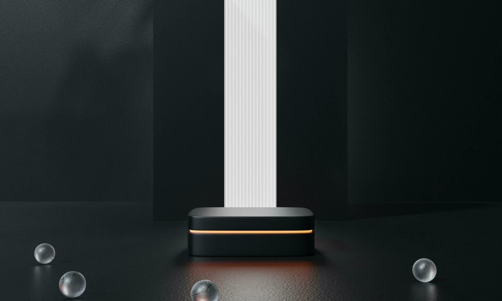 Black podium and black background stand or podium advertising display light emission. 3D rendering. photo