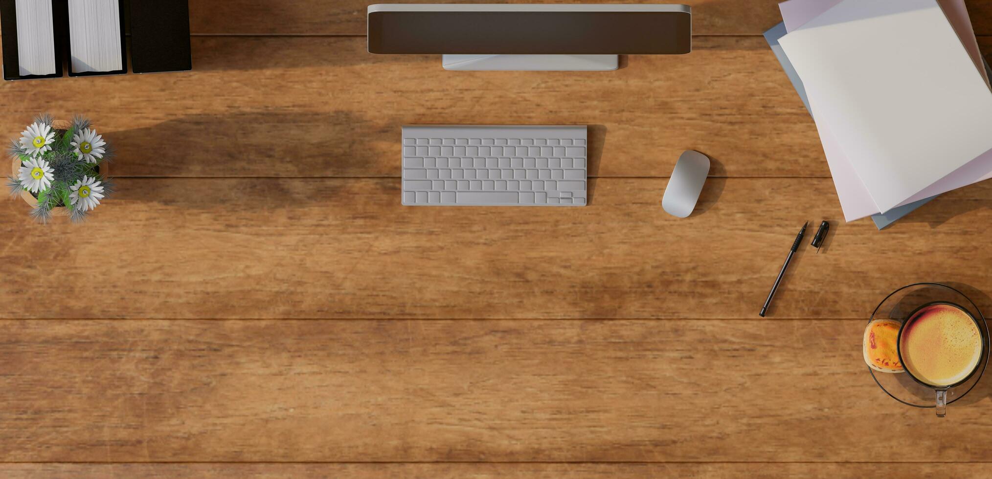 A desktop with a Monitor, keyboard, mouse, coffee, books, pens, and decorations on top. 3d rendering. photo
