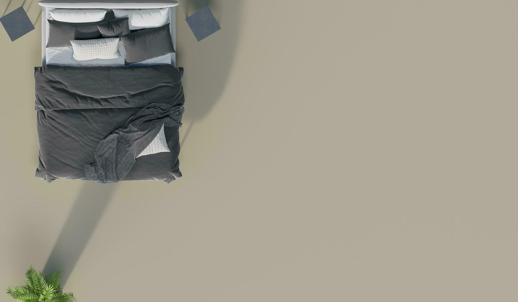 Picture of a top view of a bed with plants placed on the colored floor in the bedroom. 3d rendering. photo