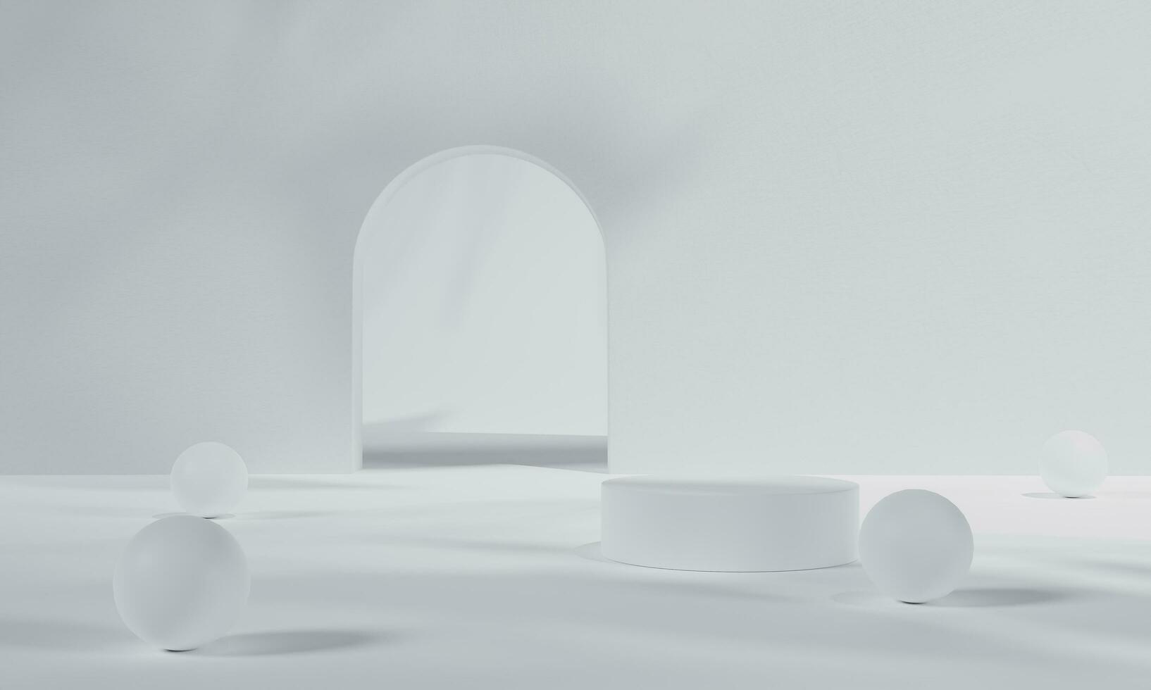 White podium and white background stand or podium pedestal on advertising display with blank backdrops. 3D rendering. photo