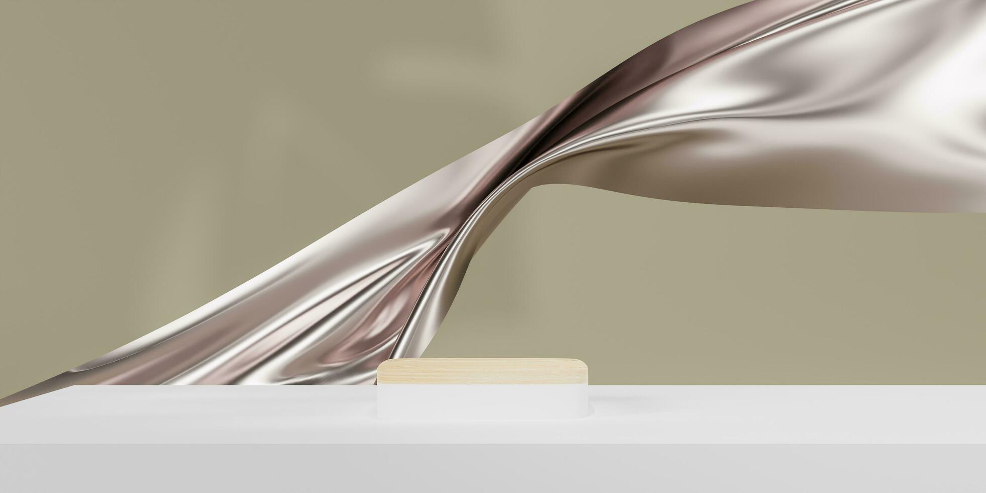 Silver color podium on silver fabric flying wave. Luxury background for branding and product presentation. 3d rendering illustration. photo