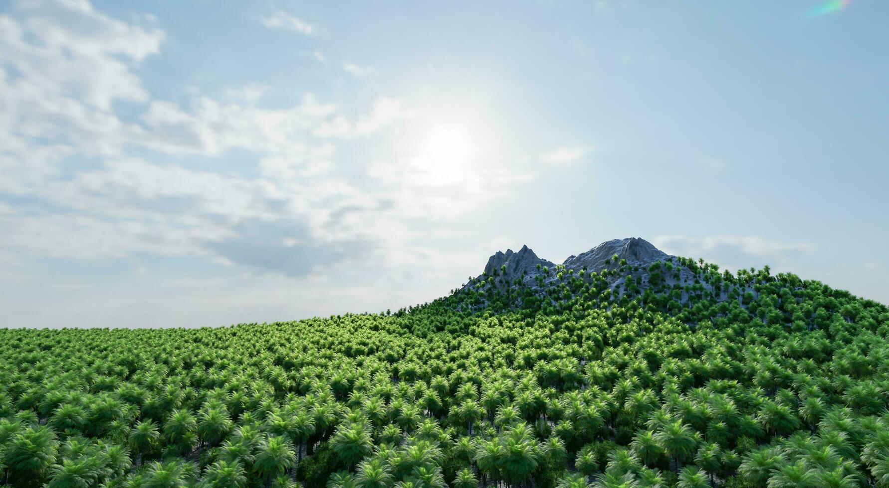 The sharp-shaped mountain is surrounded by a dense forest of lush trees with a backdrop of the sky and clouds. 3d rendering. photo