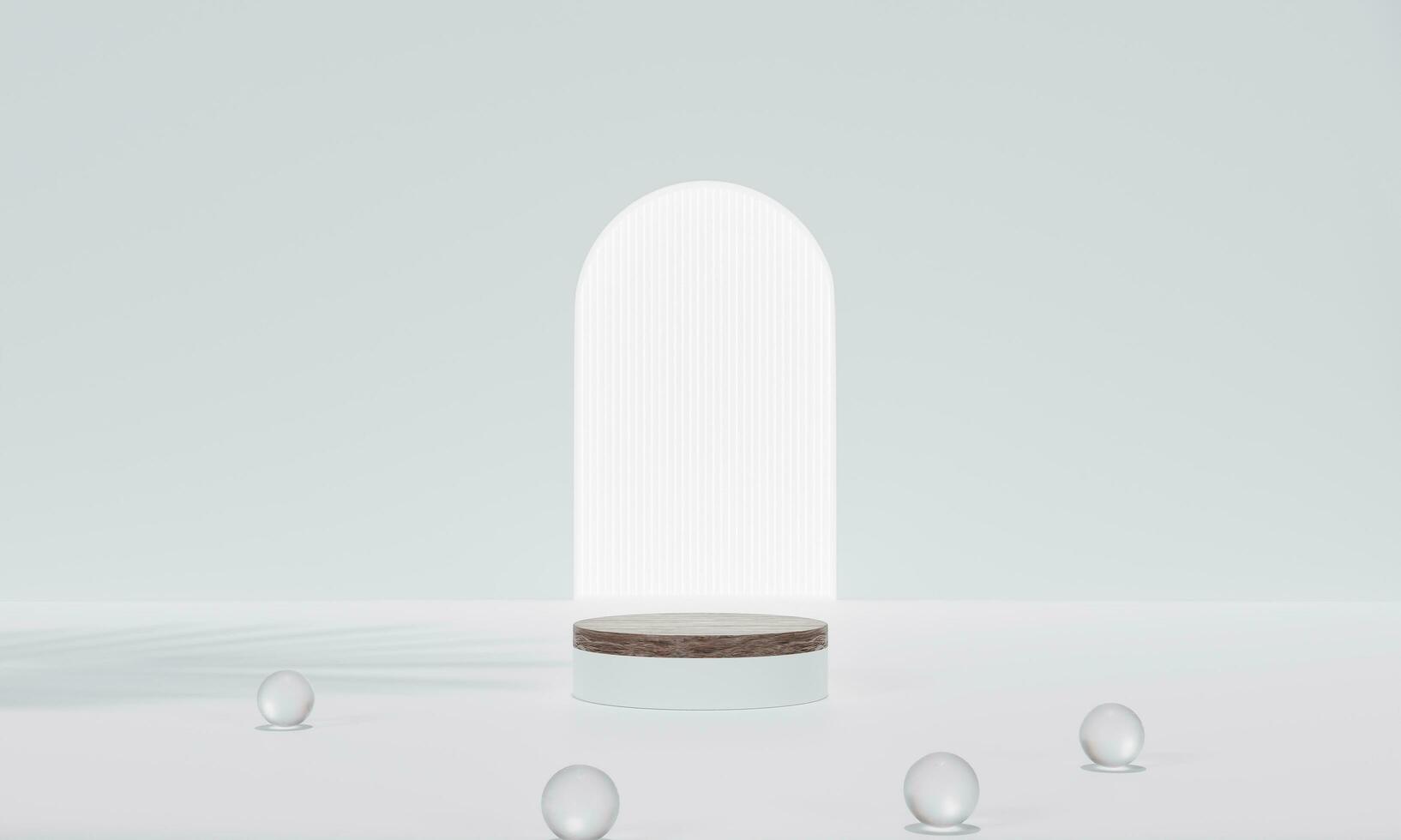 Podium with colorful pastel background and tree or leaf stand on advertising display. 3D rendering. photo