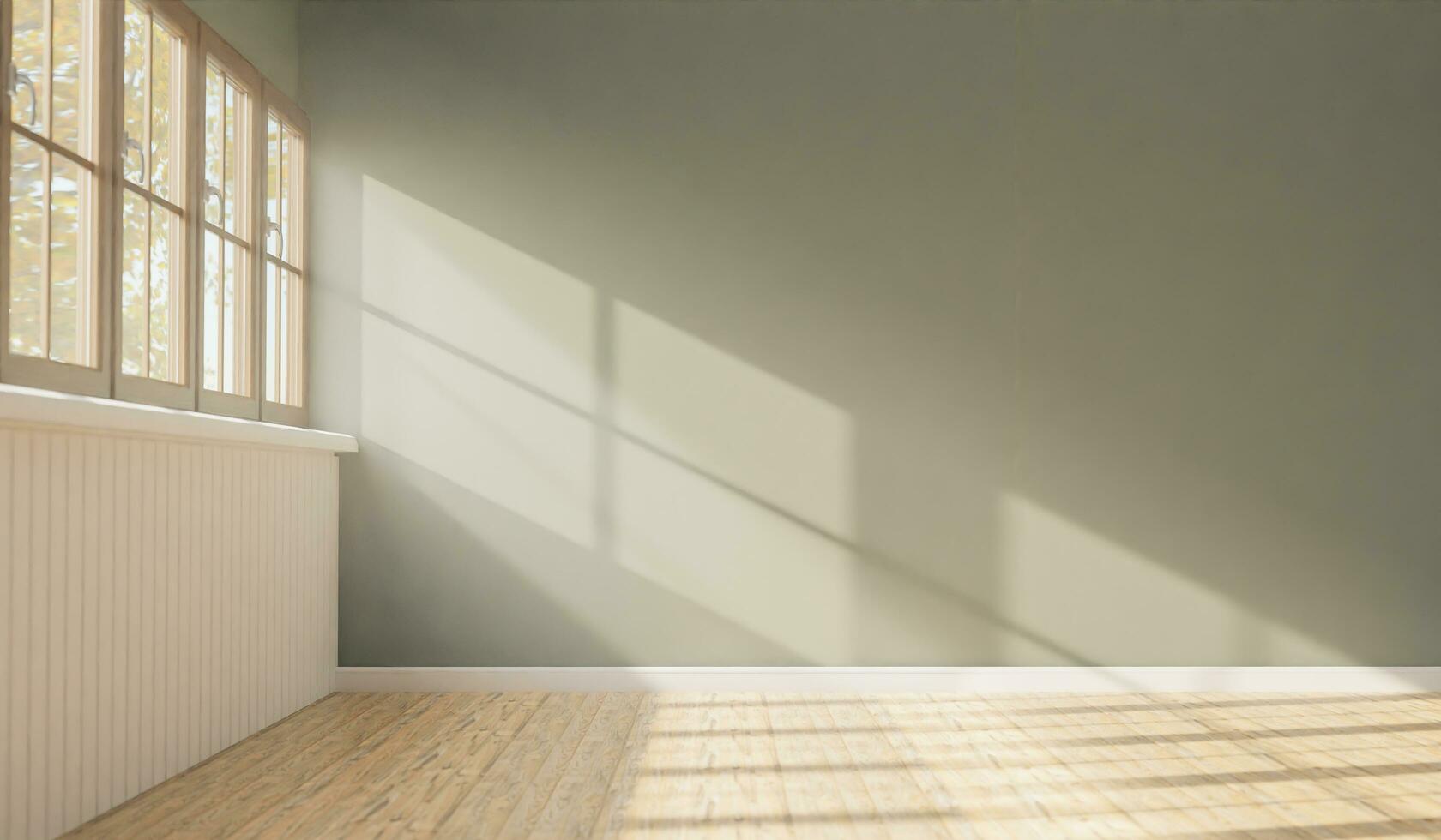 The wall of the room where light comes in from the window overlooking the trees outside gives a warm atmosphere.3d rendering. photo