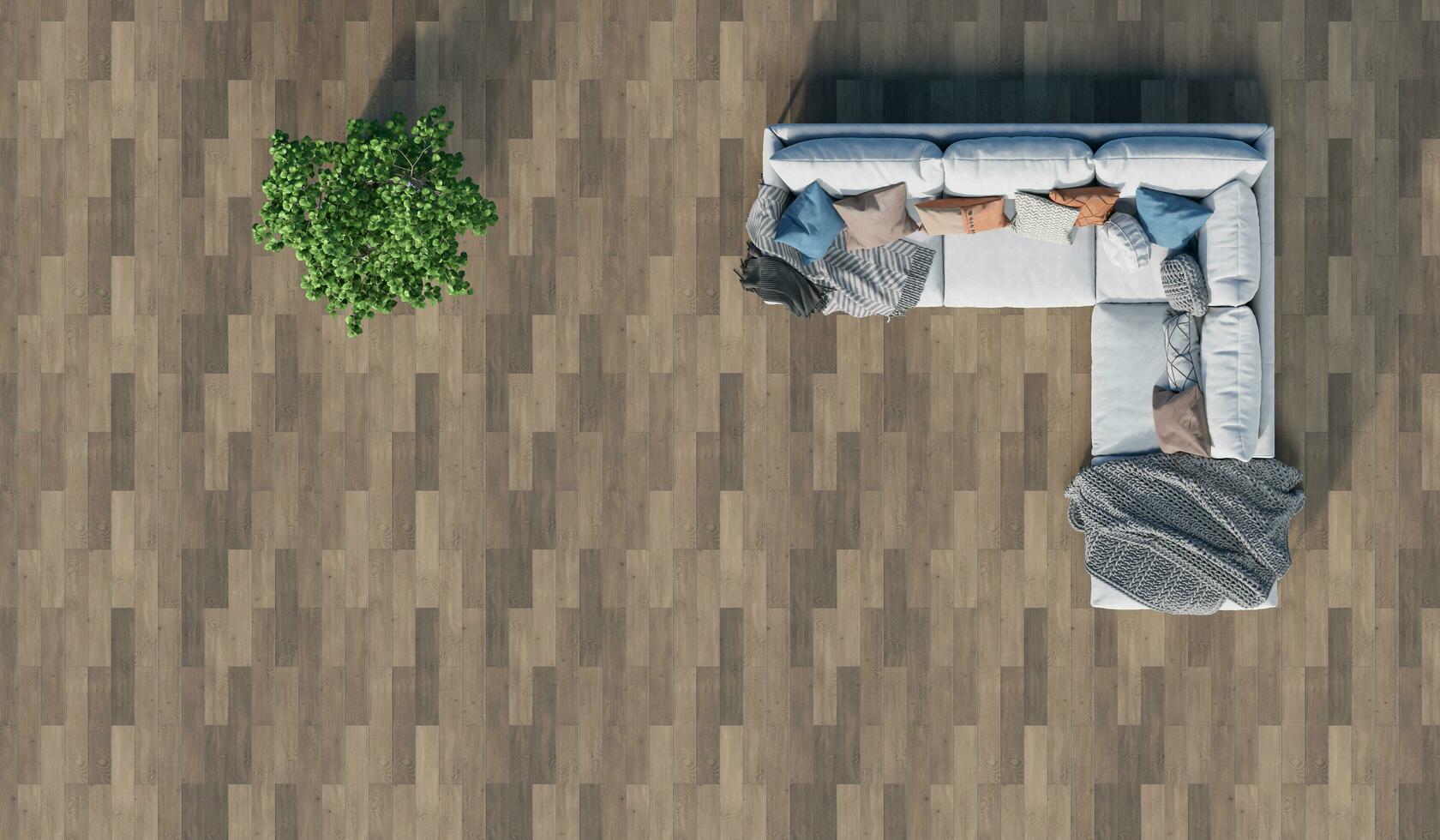 Top view, a sofa set with plants placed on a wooden floor in the living room.3d rendering. photo
